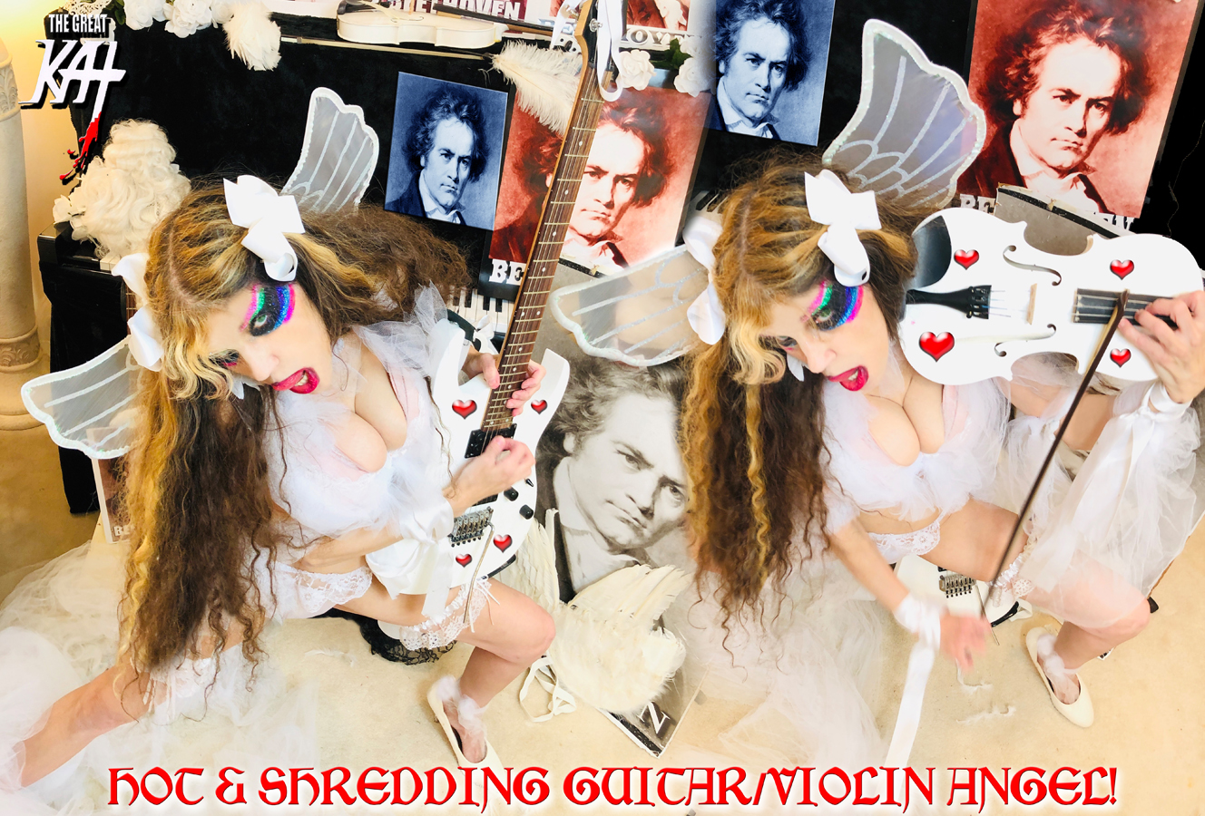 HOT & SHREDDING GUITAR/VIOLIN ANGEL! THE GREAT KAT'S BEETHOVEN'S FR ELISE for GUITAR, VIOLIN and PIANO! RECORDING AND MUSIC VIDEO! CELEBRATE BEETHOVEN'S 250TH BIRTHDAY-DEC 16, 2020-with THE GREAT KAT REINCARNATION of BEETHOVEN! 