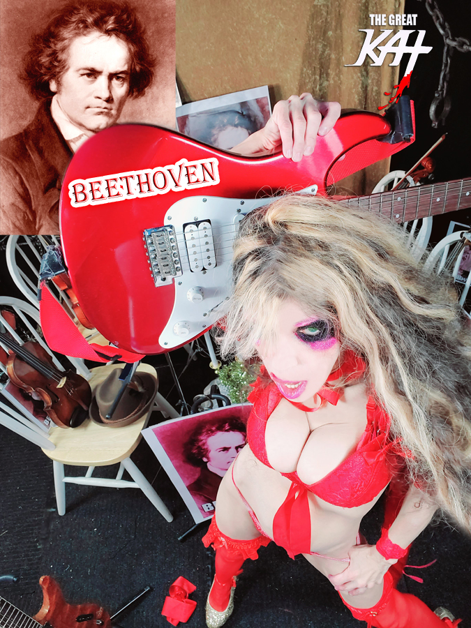 BEETHOVEN! THE GREAT KAT'S BEETHOVEN'S RAZUMOVSKY STRING QUARTET for GUITAR AND STRING QUARTET! THE GREAT KAT'S "BEETHOVEN'S MINUET in G for GUITAR, VIOLIN and PIANO" SINGLE! RECORDING AND MUSIC VIDEO! CELEBRATE BEETHOVEN'S 250TH BIRTHDAY-DEC 16, 2020-with THE GREAT KAT REINCARNATION of BEETHOVEN! 