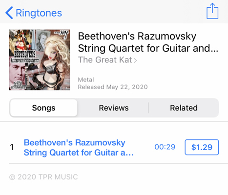 NEW RINGTONE for iPHONE: BEETHOVENS RAZUMOVSKY STRING QUARTET for GUITAR AND STRING QUARTET" by THE GREAT KAT! For your iPhone!